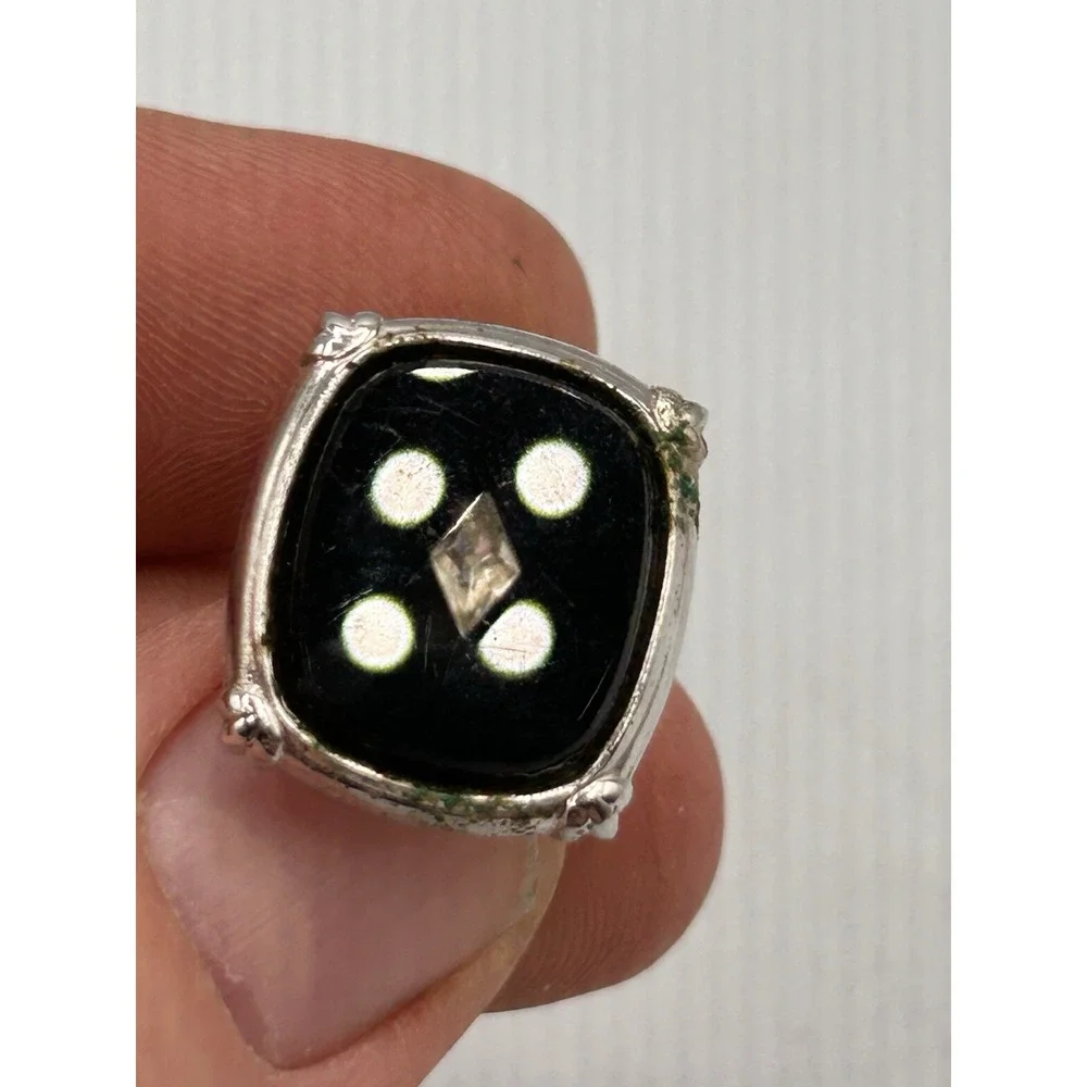 VIntage Shields Mens Cufflinks & Tie Tack Black Glass Diamond Chip‎ Silver Tone